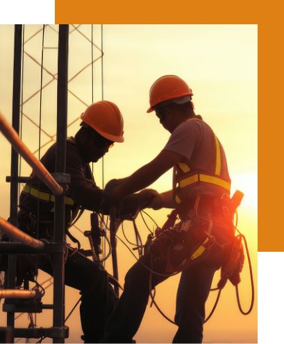 Construction workers on scaffolding with sunset